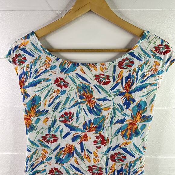 BLACK POPPY White‎ Blue Red Green Abstract Floral Bow Tie Back Shirt Top Size S - Picture 5 of 10